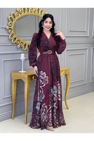 Kruvaze Kemerli Elbise 3418 Bordo