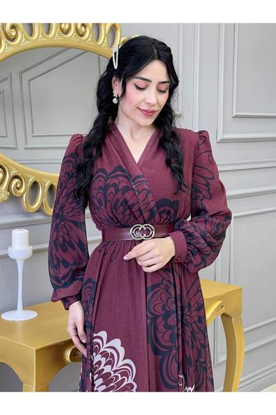 Kruvaze Kemerli Elbise 3418 Bordo