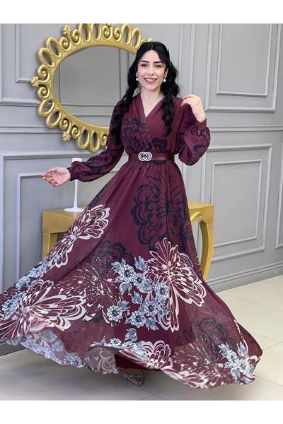Kruvaze Kemerli Elbise 3418 Bordo