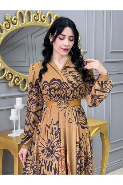 Kruvaze Kemerli Elbise 3418 Hardal