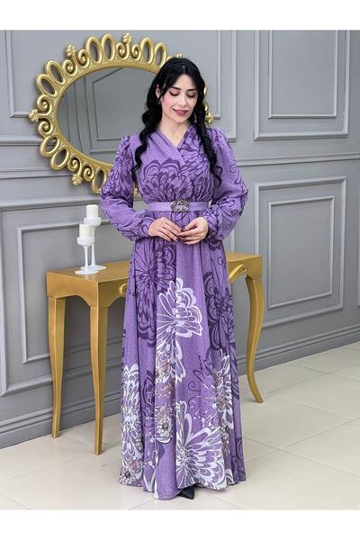 Kruvaze Kemerli Elbise 3418 Leylak