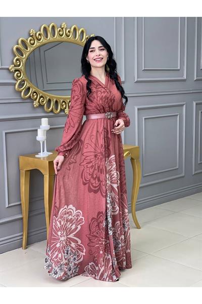 Kruvaze Kemerli Elbise 3418 Rose
