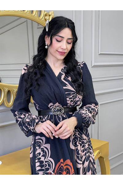 Kruvaze Kemerli Elbise 3418 Siyah Bej