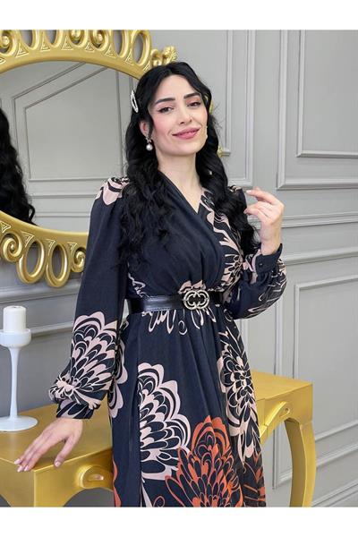 Kruvaze Kemerli Elbise 3418 Siyah Bej