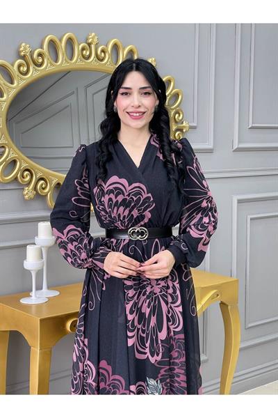 Kruvaze Kemerli Elbise 3418 Siyah