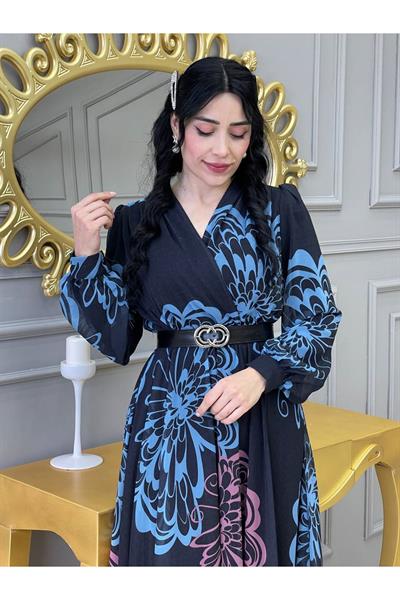Kruvaze Kemerli Elbise 3418 Siyah Mavi