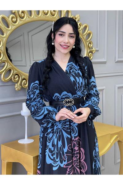 Kruvaze Kemerli Elbise 3418 Siyah Mavi