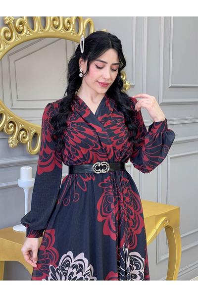 Kruvaze Kemerli Elbise 3418 Siyan Kırmızı