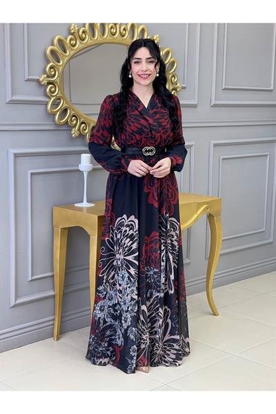 Kruvaze Kemerli Elbise 3418 Siyan Kırmızı
