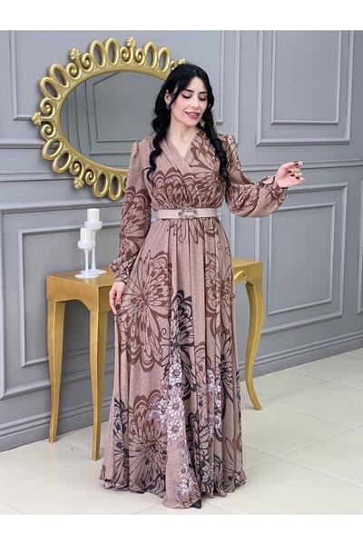 Kruvaze Kemerli Elbise 3418 Vizon