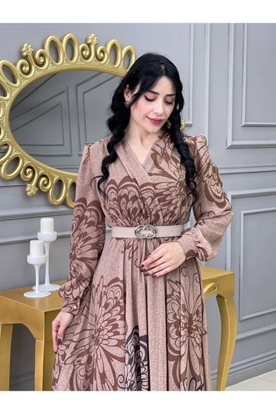 Kruvaze Kemerli Elbise 3418 Vizon
