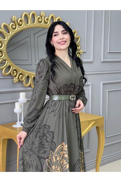 Kruvaze Kemerli Elbise 3418 Yeşil