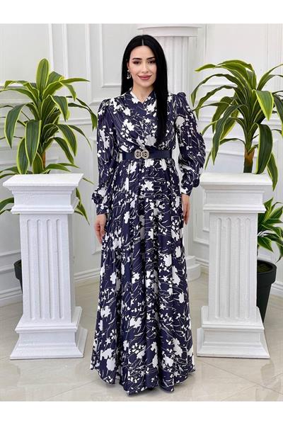 Kruvaze Saten Elbise 4016 Lacivert