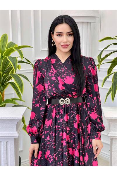 Kruvaze Saten Elbise 4016 pembe