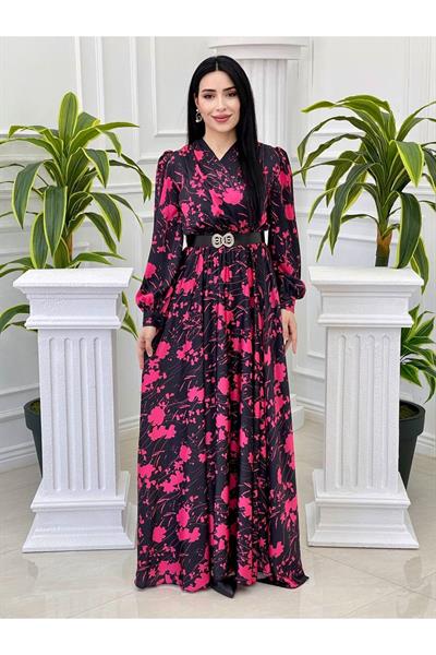 Kruvaze Saten Elbise 4016 pembe
