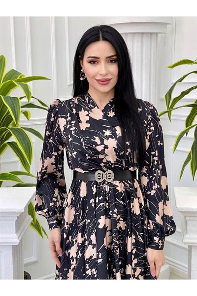 Kruvaze Saten Elbise 4016 Siyah Bej