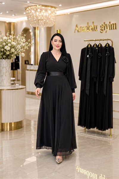 Kruvaze Saten Kuşaklı Elbise 0361 T-26 Siyah