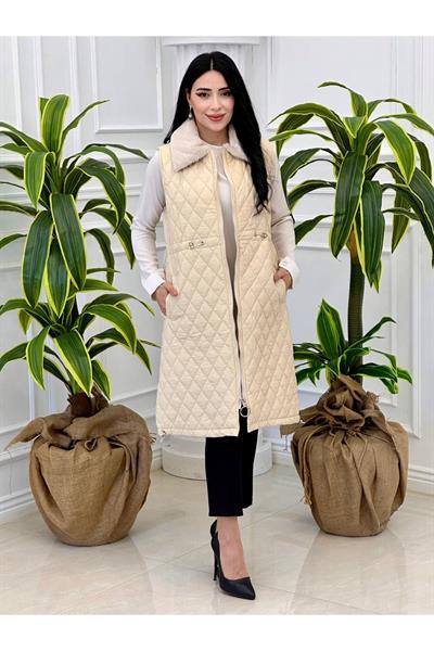 Kürk Yaka Kapitone Yelek 2056 Bej