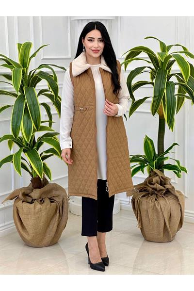 Kürk Yaka Kapitone Yelek 2056 Kahverengi