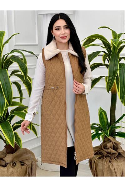 Kürk Yaka Kapitone Yelek 2056 Kahverengi