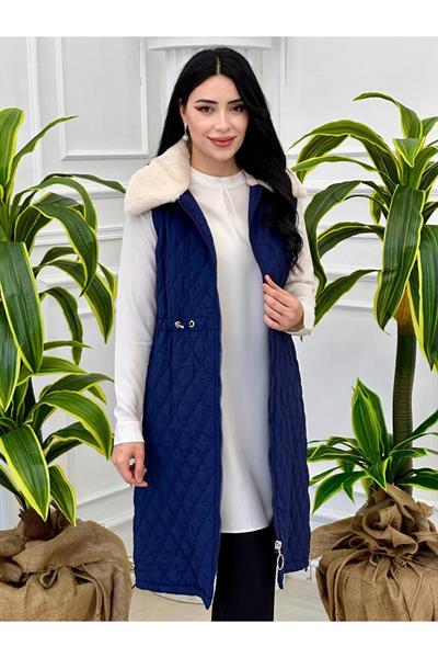 Kürk Yaka Kapitone Yelek 2056 Lacivert