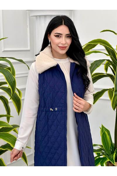 Kürk Yaka Kapitone Yelek 2056 Lacivert