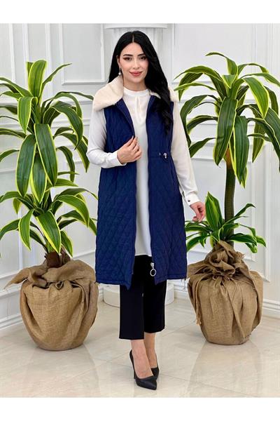 Kürk Yaka Kapitone Yelek 2056 Lacivert