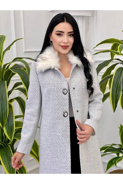 Kuş Gözü Çıt Çıt Kürklü Kaban 23k04 Beyaz
