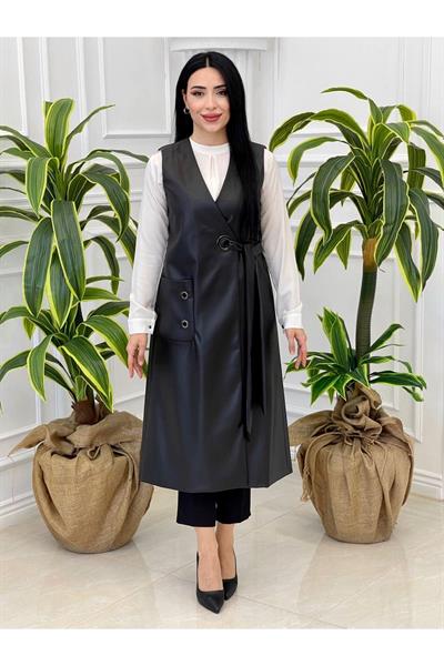 Kuş Gözü Deri Yelek 7338 Siyah