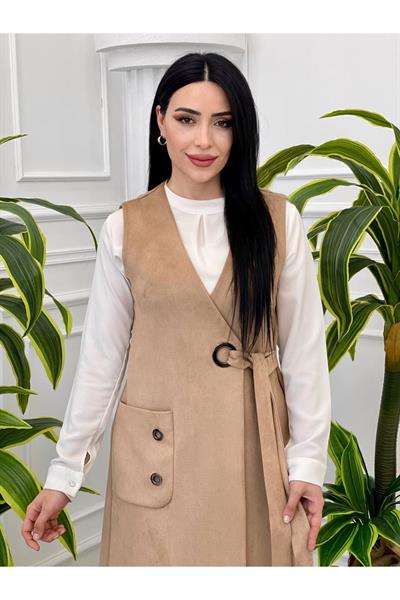 Kuş Gözü Süet Yelek 7337 Bej
