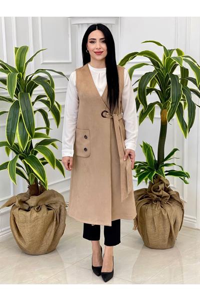 Kuş Gözü Süet Yelek 7337 Bej