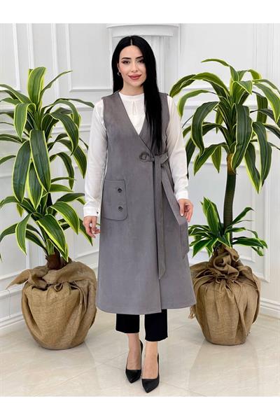 Kuş Gözü Süet Yelek 7337 Gri