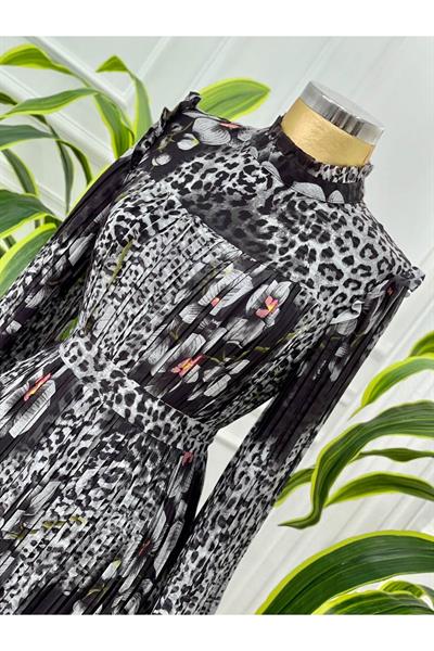 Leopar Çiçek Pilise Elbise 4034 Gri