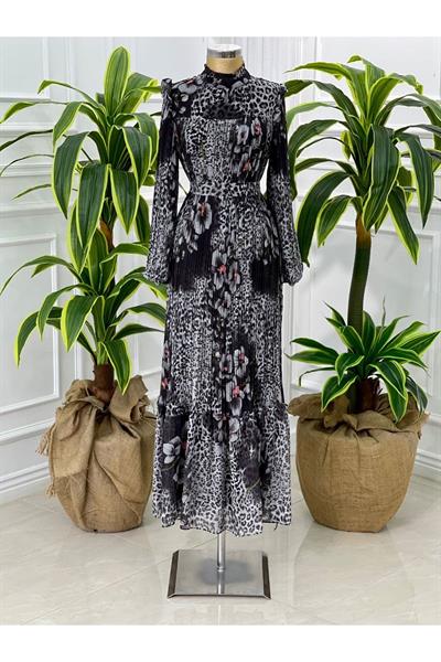 Leopar Çiçek Pilise Elbise 4034 Gri