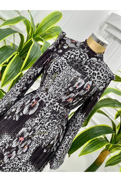 Leopar Çiçek Pilise Elbise 4034 Gri