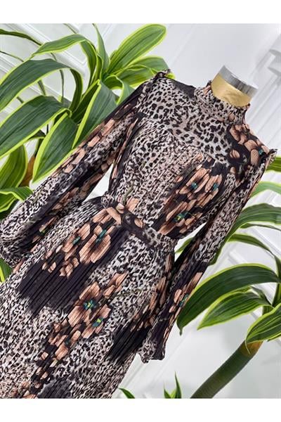 Leopar Çiçek Pilise Elbise 4034 Kahverengi