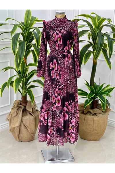 Leopar Çiçek Pilise Elbise 4034 pembe