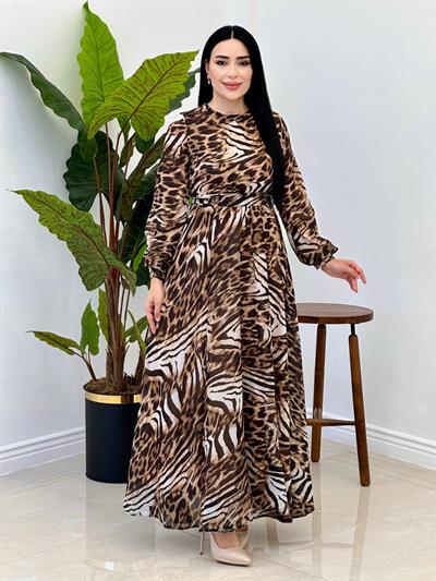 Leopar Desen Şifon Elbise 2025 T-25 Kahverengi