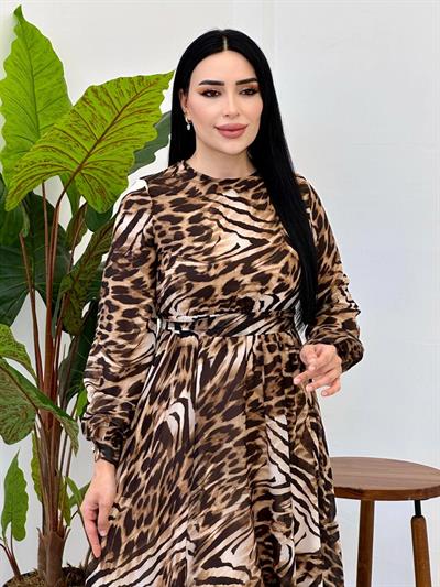 Leopar Desen Şifon Elbise 2025 T-25 Kahverengi