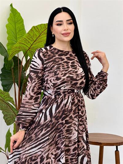 Leopar Desen Şifon Elbise 2025 T-25 Pudra