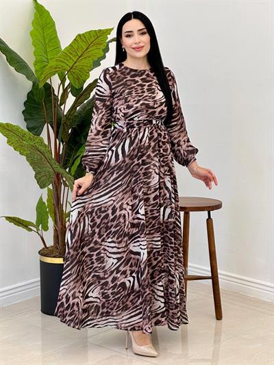 Leopar Desen Şifon Elbise 2025 T-25 Pudra
