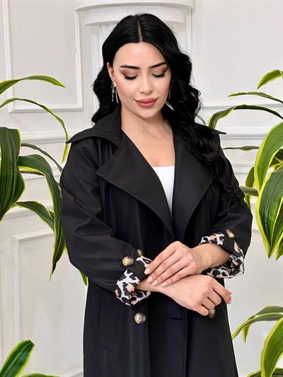 Leopar Detay Trençkot 14504 T-24 Siyah