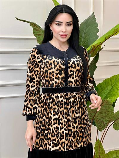 Leopar Geçişli Kadife Elbise 3731 t-24 Leopar