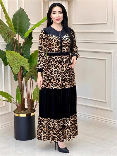 Leopar Geçişli Kadife Elbise 3731 t-24 Leopar