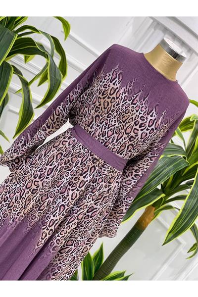 Leopar Geçişli Şifon Elbise 3982 Leylak