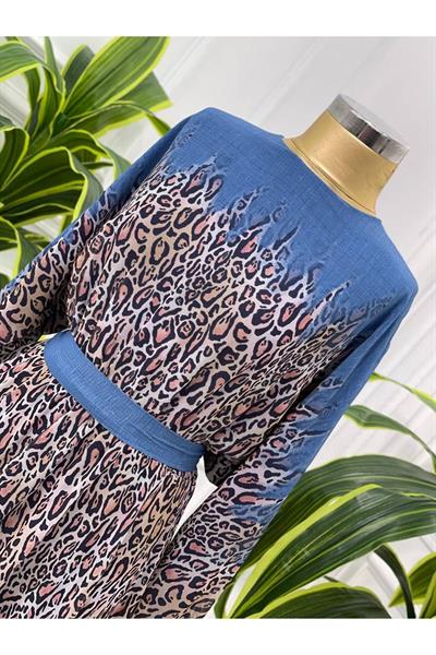 Leopar Geçişli Şifon Elbise 3982 Mavi