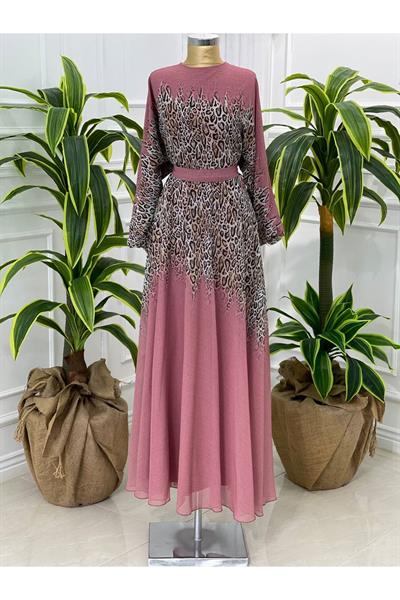 Leopar Geçişli Şifon Elbise 3982 Rose