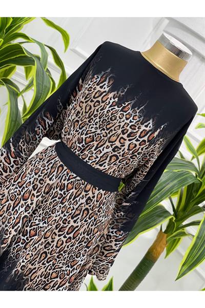 Leopar Geçişli Şifon Elbise 3982 Siyah