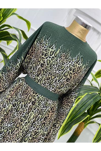 Leopar Geçişli Şifon Elbise 3982 Yeşil