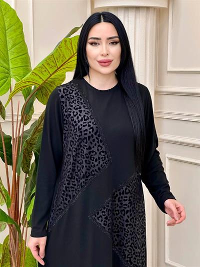 Leopar Geçişli Yumoş Anne Elbise 9063 t-24 Siyah